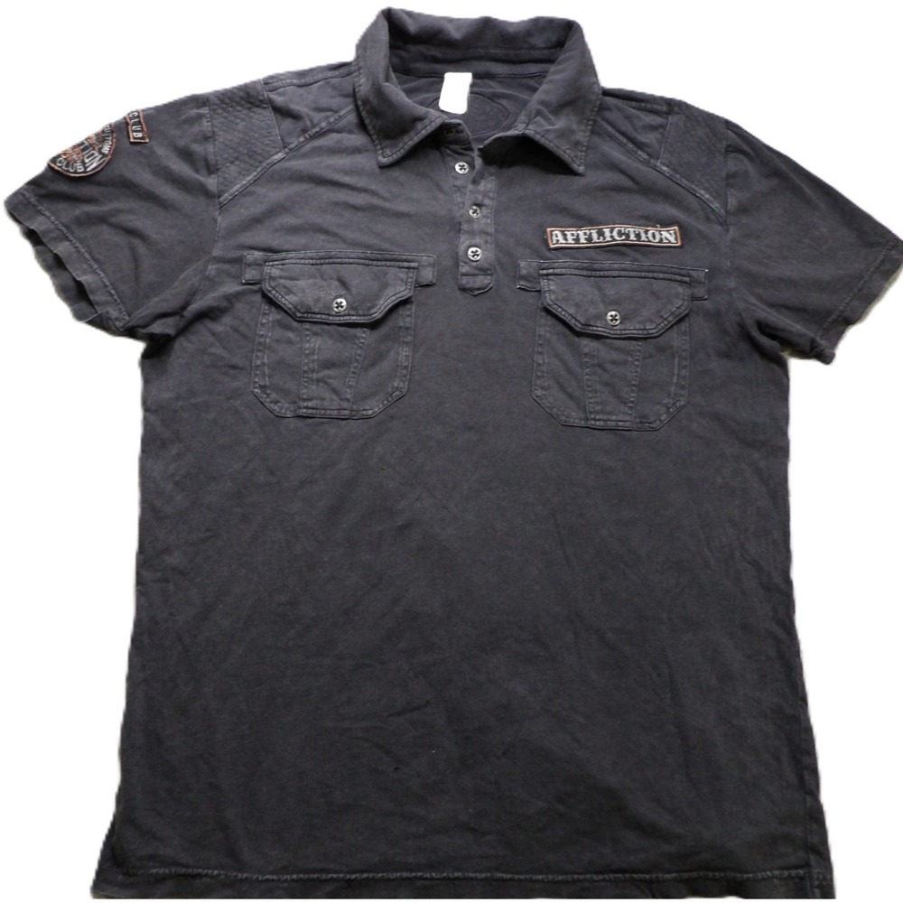VTG Affliction Polo Men L Black American Customs Motor Club Patches Short Sleeve